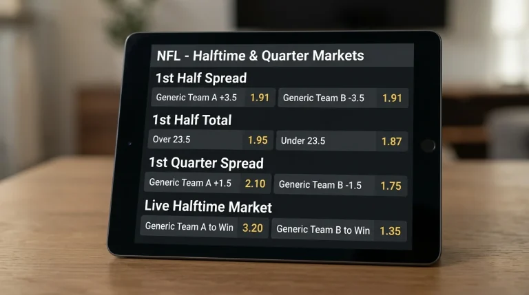 Wettzettel mit Halftime- und Quarter-Märkten für ein NFL-Spiel