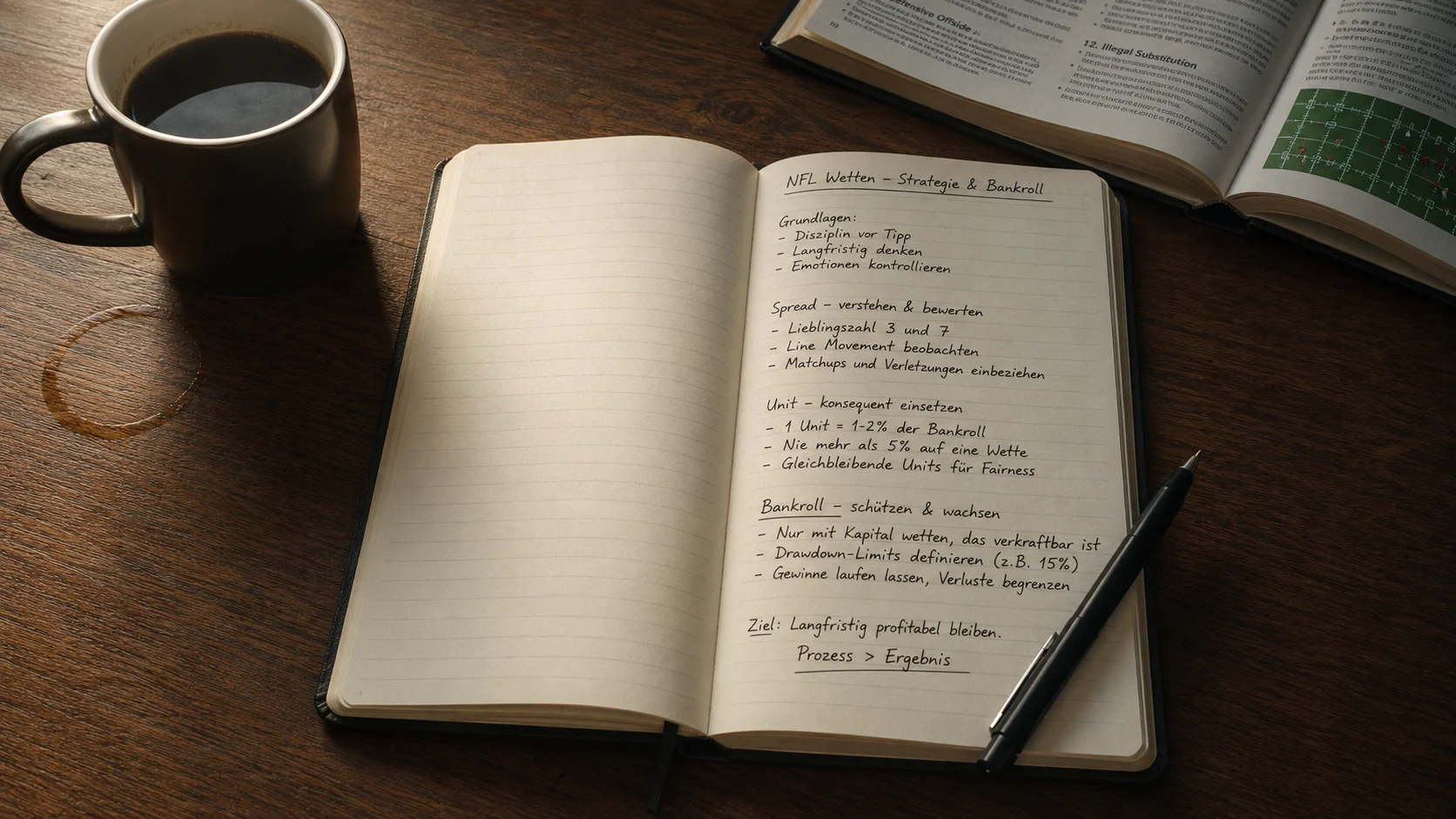 Aufgeschlagenes Notizbuch mit handschriftlichen NFL-Spread-Notizen und Kugelschreiber — Bankroll-Planung auf Papier