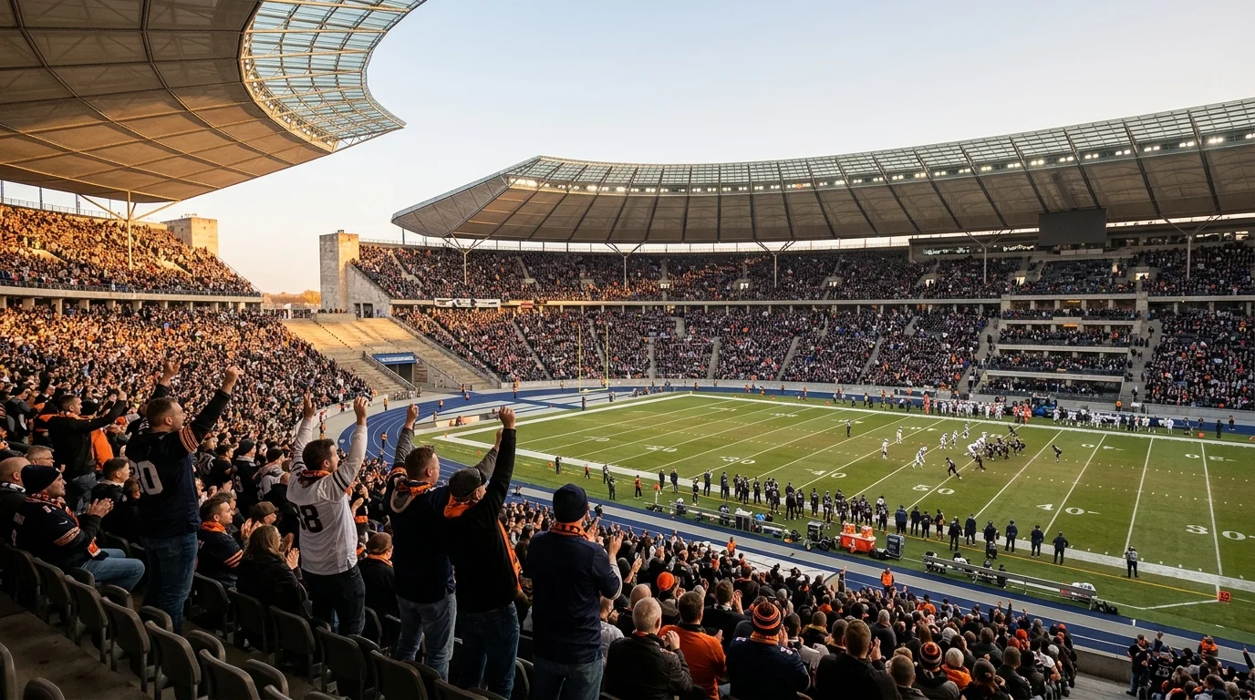 Volles Berliner Olympiastadion bei einem NFL-Spiel — deutsche American-Football-Fans mit Trikots und Schals
