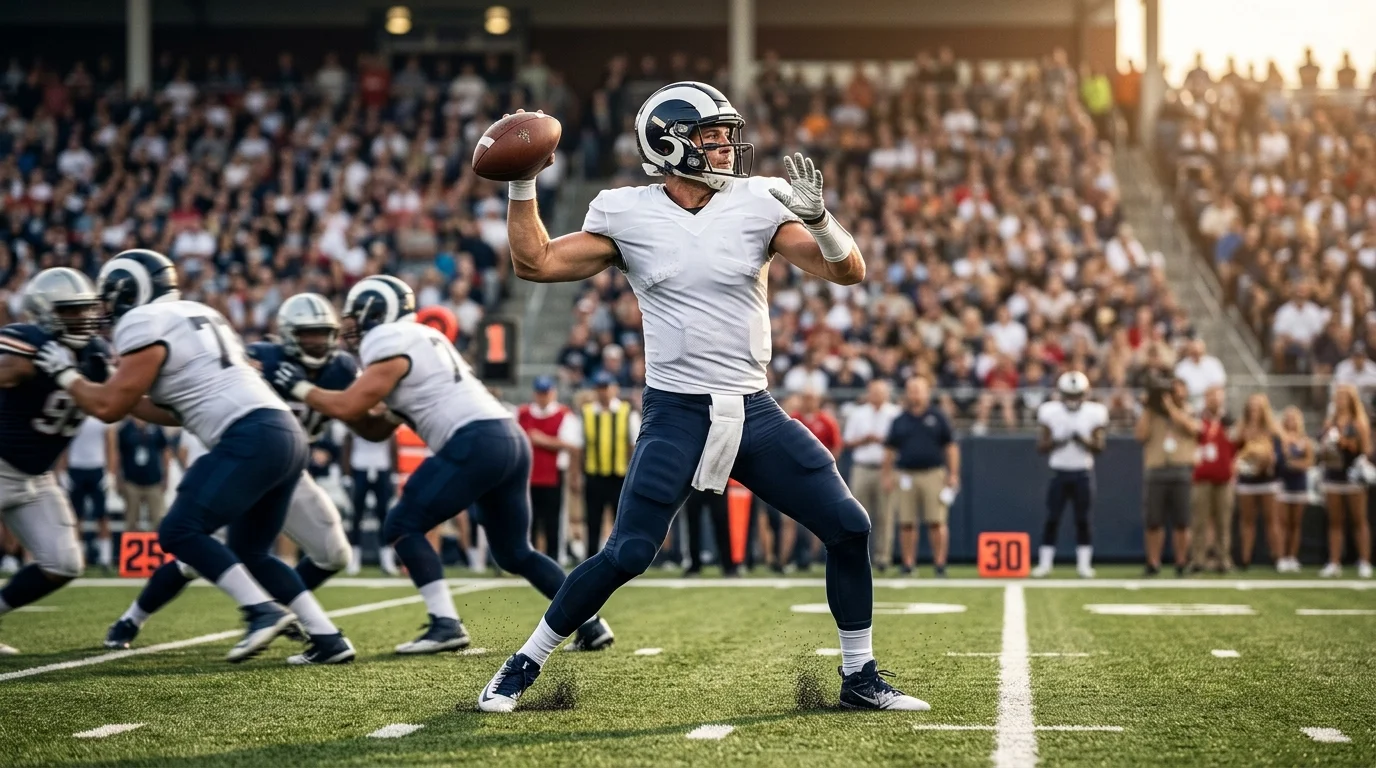 NFL-Quarterback im Pass-Spielzug auf einem Football-Spielfeld — Moment, der Moneyline, Point Spread und Total entscheidet