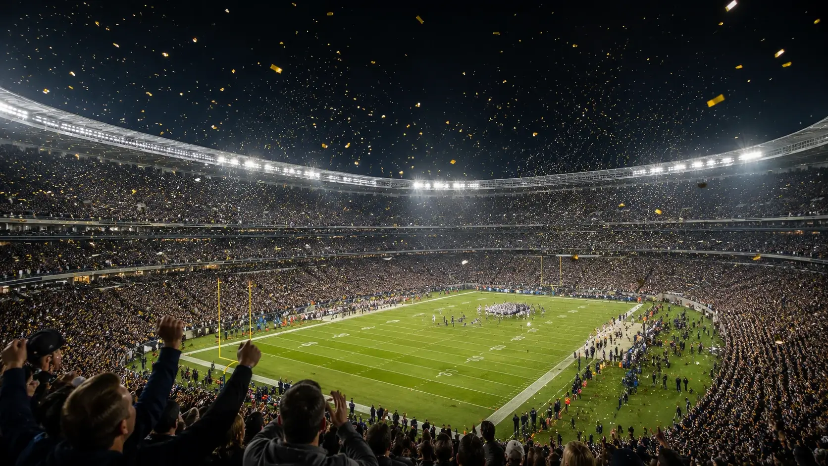 NFL-Stadion bei Nacht mit Flutlicht, vollen Rängen und Konfetti in der Luft — Super-Bowl-Atmosphäre