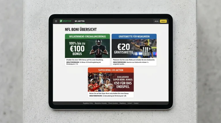 Übersicht von NFL-Bonusangeboten mit Umsatzbedingungen und Freiwetten-Optionen